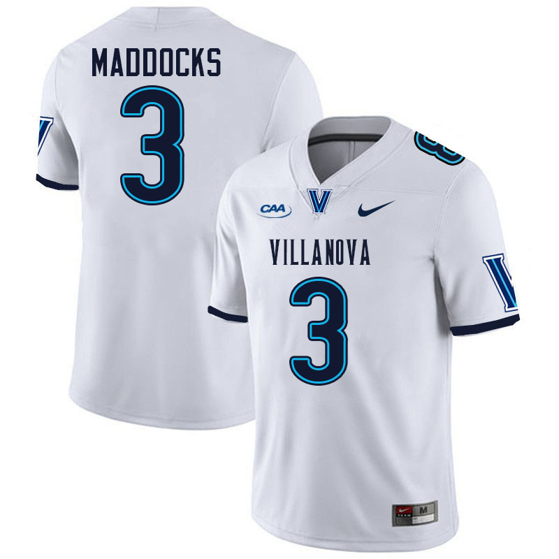 Villanova Wildcats #3 Tanner Maddocks College Football Jerseys Stitched-White